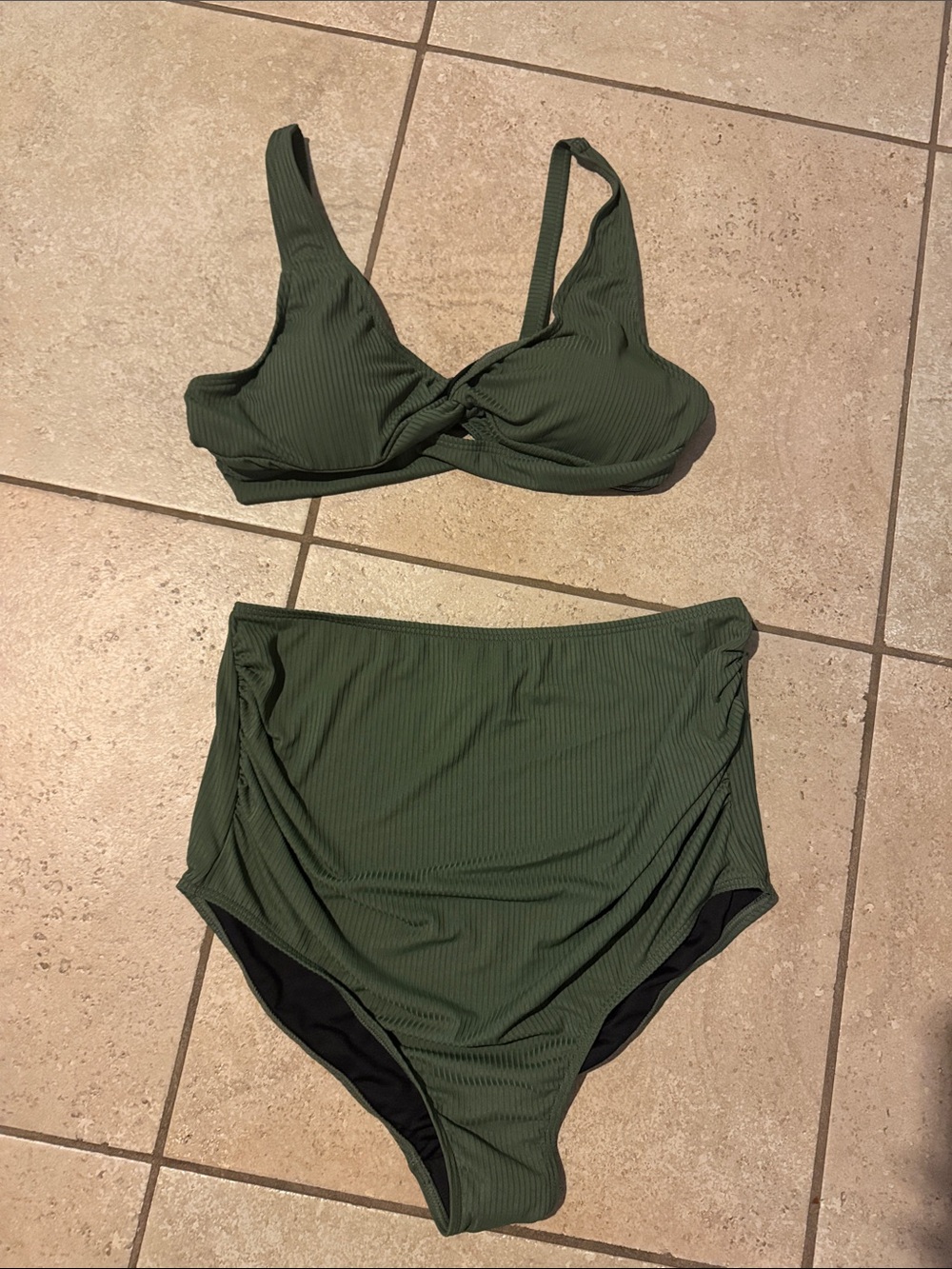 Olive Green Ribbed High-Waist Bikini Set